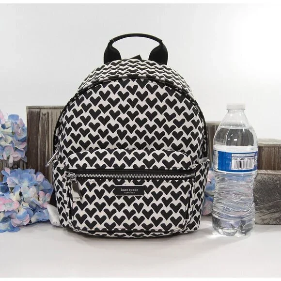 Kate Spade Sam Icon Black White Heart Nylon Jacquard Small Backpack Bag NWT - Picture 2 of 7